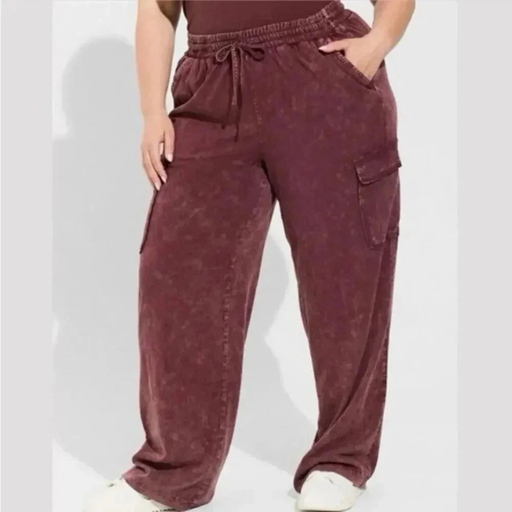 Torrid Womens Pull-On Wide Leg Stretch Challis Cargo Pant Size 1T Burgandy